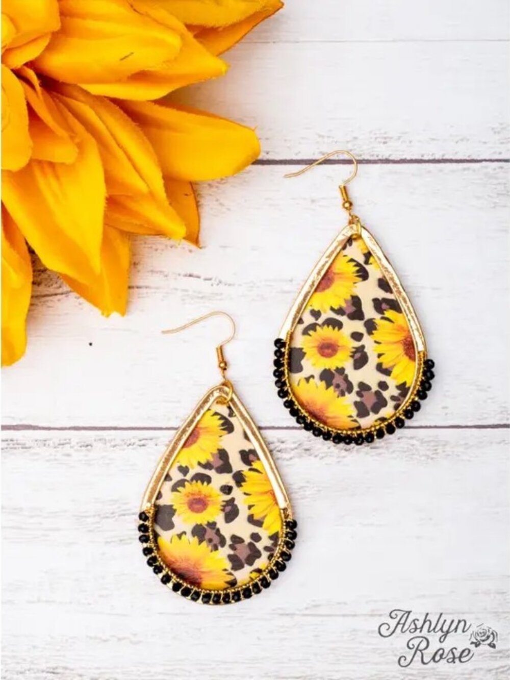 Sunflower Leopard Teardrop Gold Earrings
